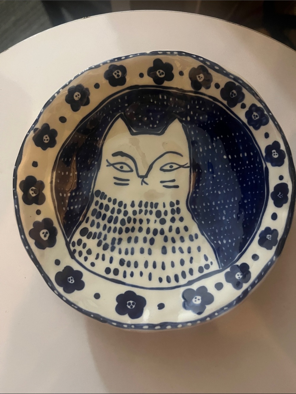 Minimal Cream Ceramic Plate with a hand painted cat wearing a frown trinket dish